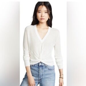 Veronica Beard Jeans ivory White Linen Blend Twist Front V-Neck Sweater Soren M‎